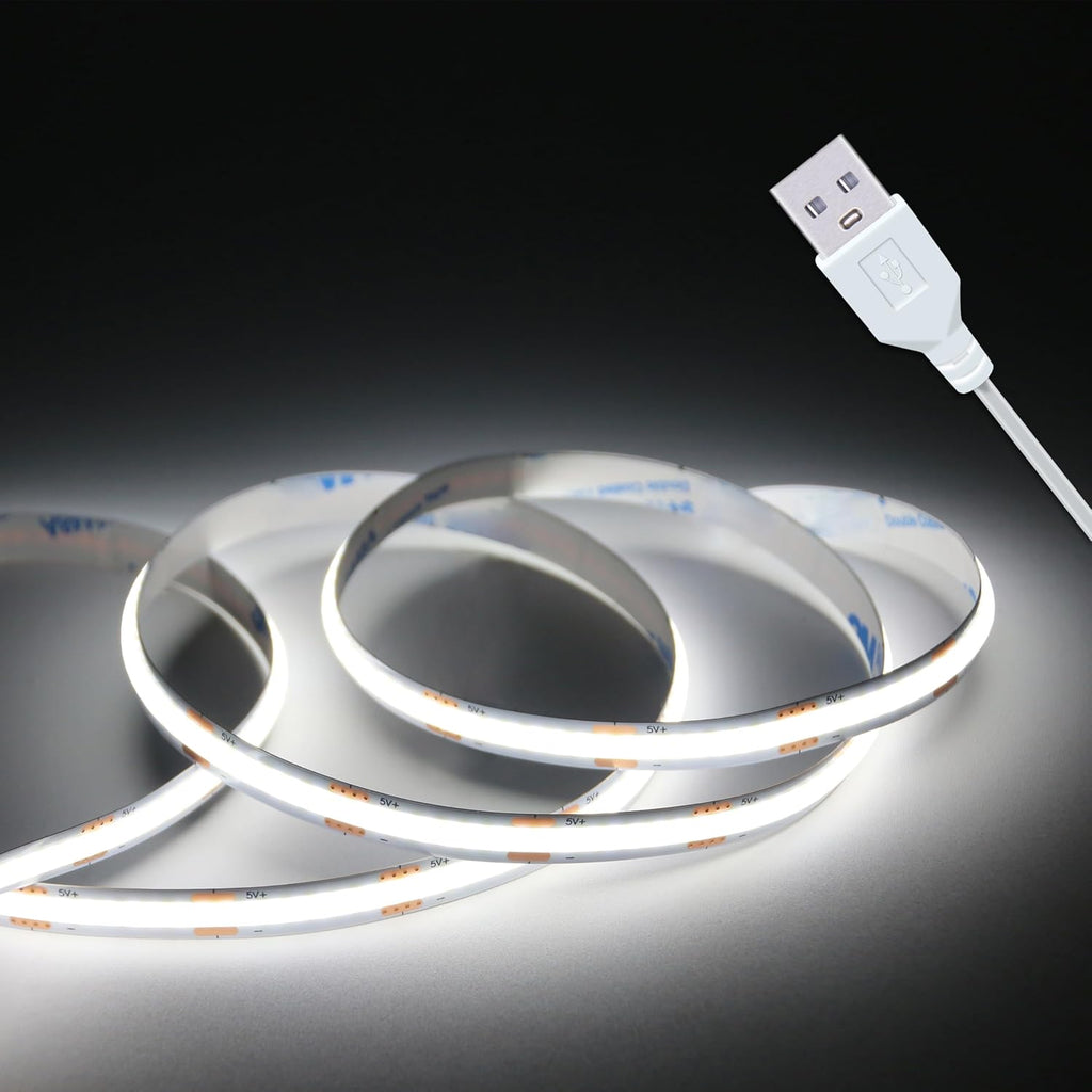 Led Strip Lights, 5V USB LED Lighting COB Short LED Strip Light White Flexible Not Dimmable led Light for Display Cabinet, Living Room,DIY Home COB Lighting Decor tv Lights (3.28FT 6500K)