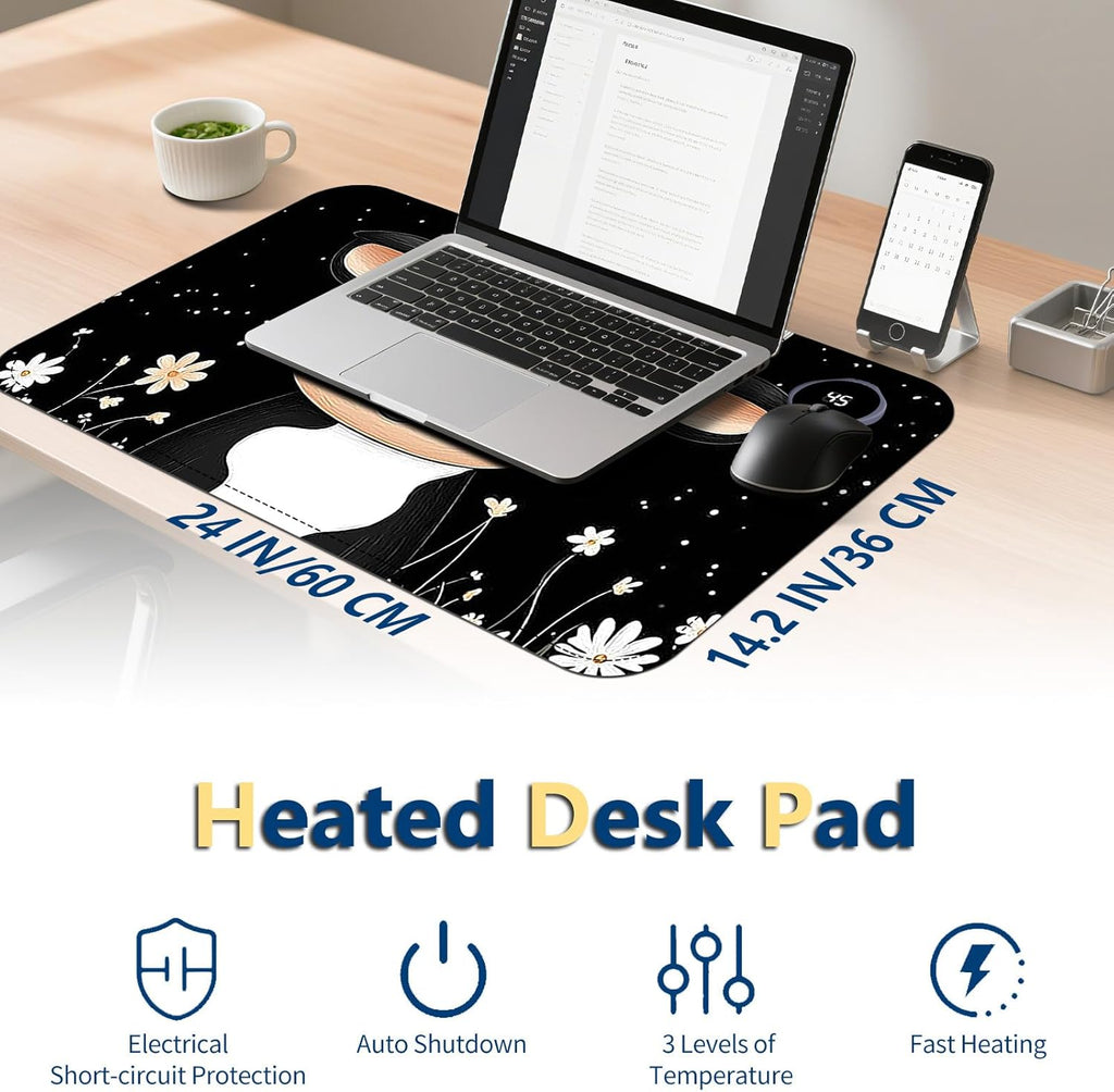 Heated Mouse Pad with 3 Temperature Settings(104°F–122°F),Large 24x14.2 Inch PU Leather Heated Desk Mat,Waterproof Warming Pad for Office,Gaming & Cold Hands Relief,Cute Black White Cow