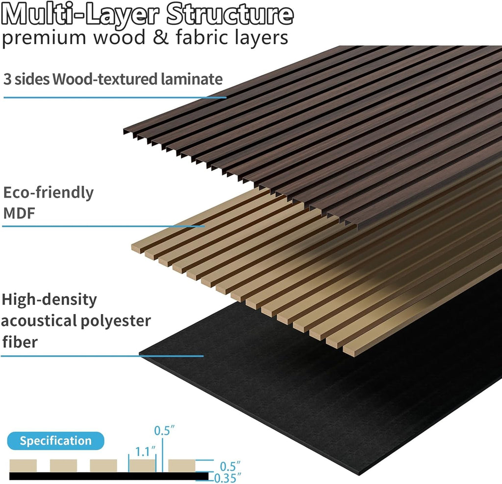 Wood Wall Panels, 45.3" x 23.6" Acoustic Panels for Wall and Ceiling, 3D Fluted Sound Absorbing Panel for Interior Wall Decor Noise Reduction (4Pcs-Dark Walnut)