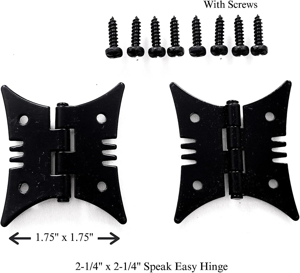 The Rustic Express, Speak-Easy Door Latch and Decorative Hinge Kit Includes 1 Speak-Easy Latch, 2 Butterfly Hinges and 12 Black mounting Screws, Size (Latch 3-1/4” x 1” x 1” Hinge 2” x 2-3/8”)