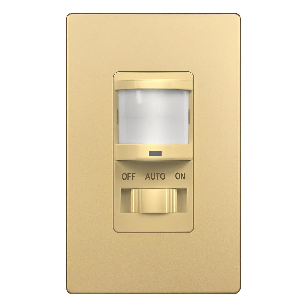 TOPGREENER in Wall PIR Motion Sensor Light Switch, Occupancy Sensor Switch, Neutral Wire Required, On/Off Override, Single Pole, 4A, 500W, Wall Plate Included, TSOS5-GDSWP, Gold
