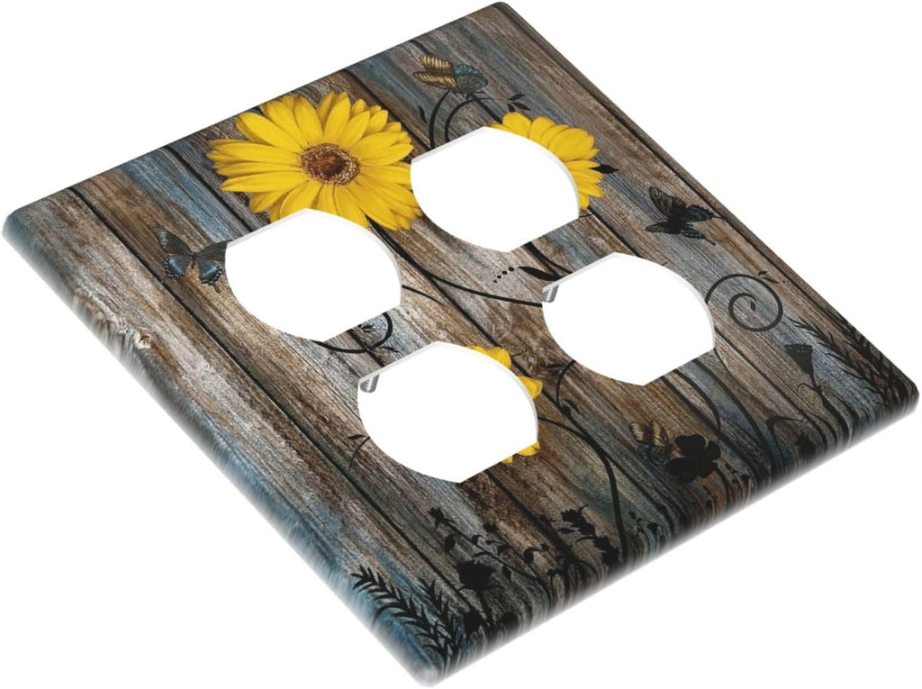 Rustic Barn Sunflower Wooden Daisy Flower Plank Outlet Covers 2 Gang Double Duplex Decorative Light Switch Covers Electrical Wallplates Socket Faceplate for Farmhouse Home Decor