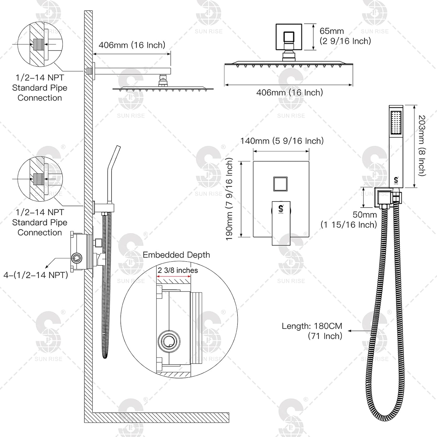 SR SUN RISE Polished Chrome Square Rainfall Shower Head and Handle Set, Wall Mounted Shower Fixtures, Metal Shower Faucet Trim Repair Kits (With Shower Valve) 16 Inches
