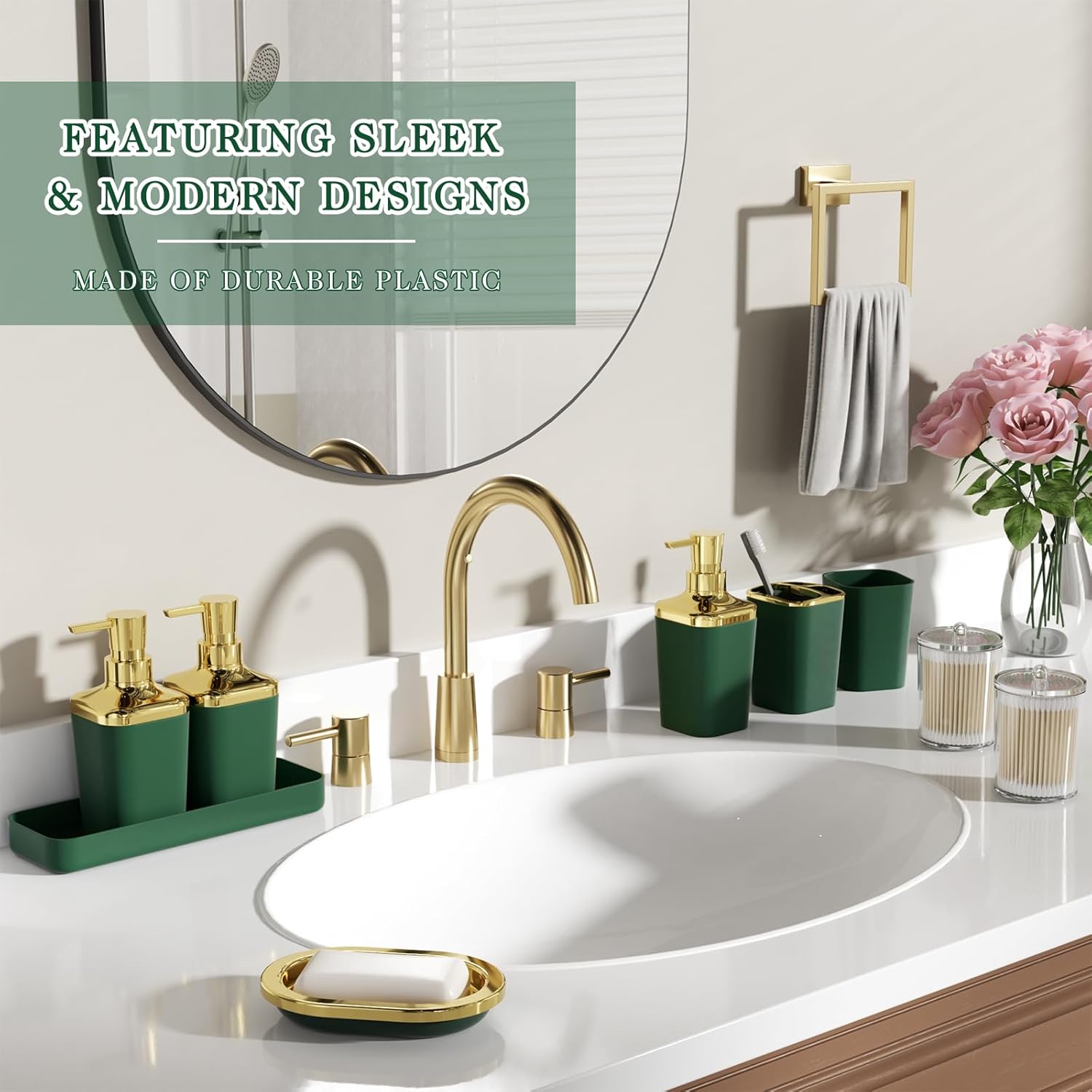 Bathroom Accessory Set, 11PC Bathroom Set, Green Bathroom Accessories, Bathroom Accessories Set with Trash Can, 3PC Soap Dispensers and Toilet Brush