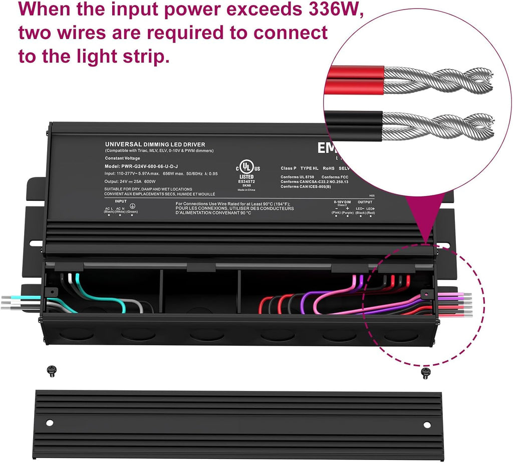 EMITEVER Dimmable Led Driver, 600W AC 110V-277V to DC 24V Transformer, 5-in-1 Dimming: ELV/MLV/TRIAC / 0-10V / 1-10V / 10V PWM/Potentiometer, Waterproof IP67 and UL Listed