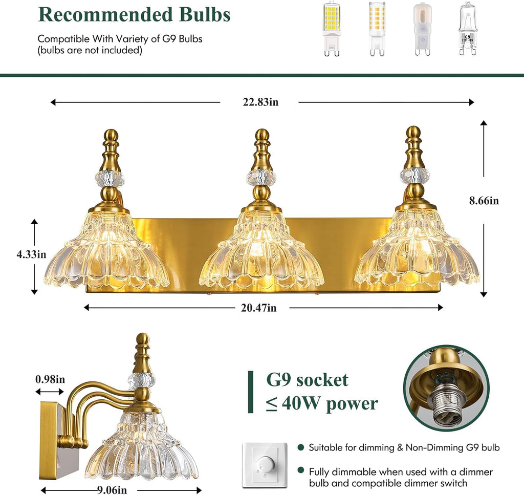 Vintage Bathroom Vanity Light, 3-Light Gold Vanity Lighting Fixture with Flower Glass Shade, Bathroom Lighting Fixtures Over Mirror