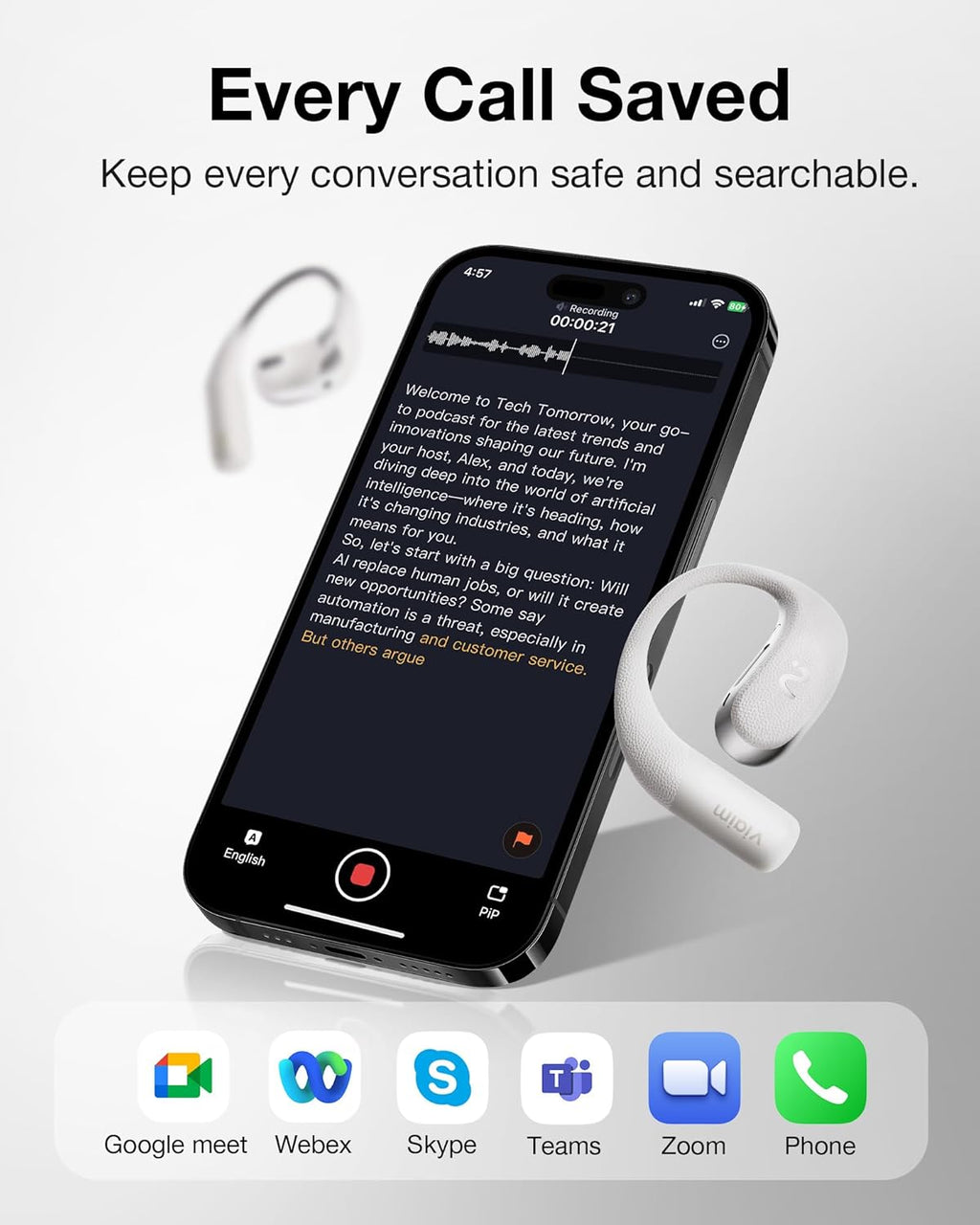 OpenNote AI Voice Recorder – Open Ear Headphones with FlashRecord, Call Recording, Real-Time Transcription, Translation, AI Assistant, for Students, Professionals & Interview Recording, Gray