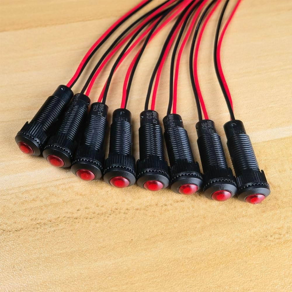 8pcs Red LED Indicator Pilot Light AC/DC 12-24V Mounting Hole Size 8mm(Flame Retardant Plastic Shell)