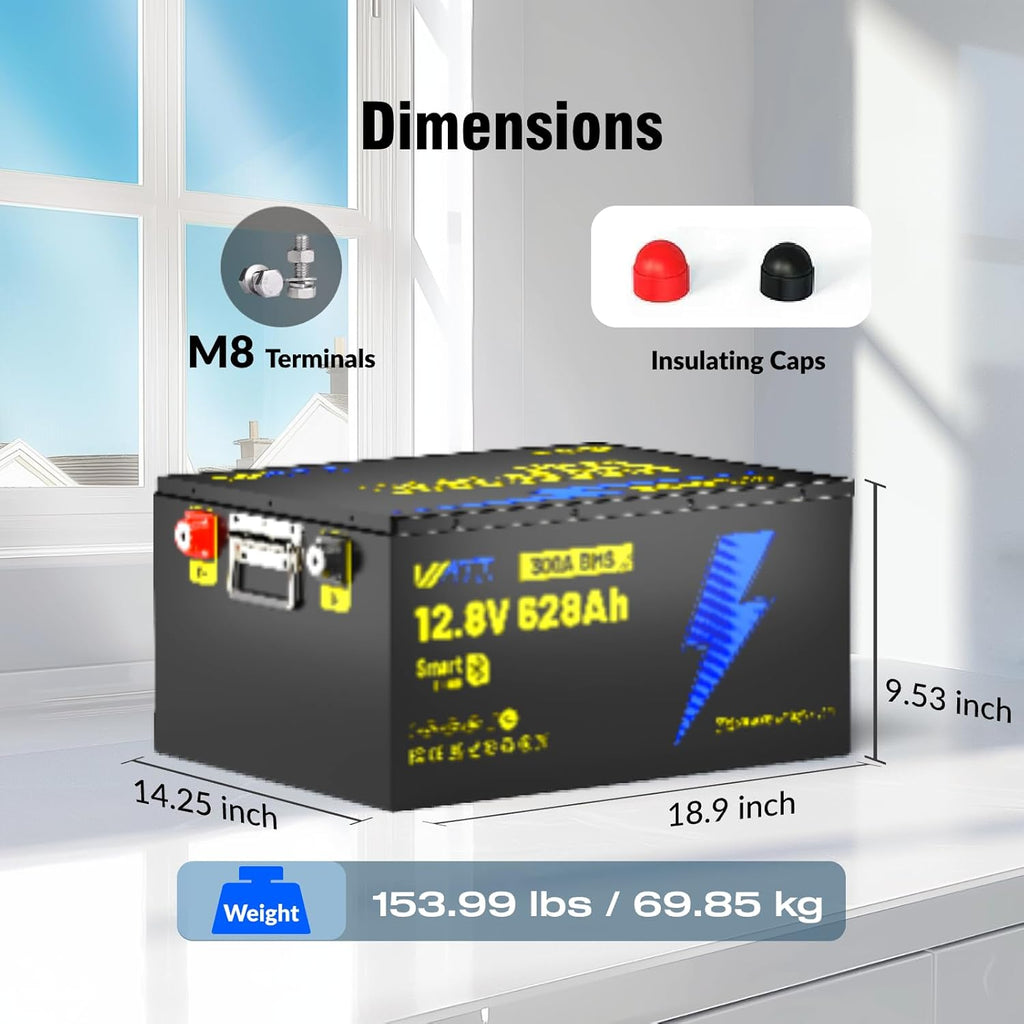 WattCycle 12V 628Ah LiFePO₄ Battery, Lithium Battery 12V 300A BMS, Lithium RV Batteries Built-in Bluetooth, IP65 Waterproof, 8038Wh Energy Storage, Perfect for Home Energy, RV, Marine, Solar, Off-Grid