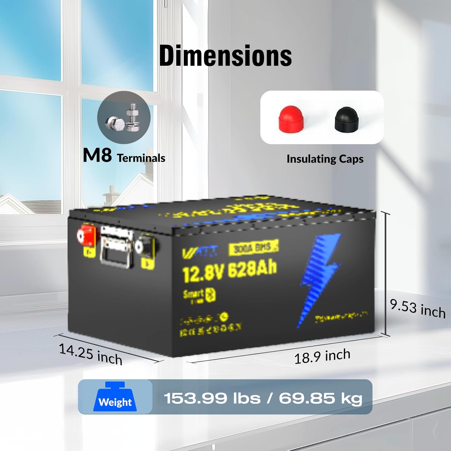 WattCycle 12V 628Ah LiFePO₄ Battery, Lithium Battery 12V 300A BMS, Lithium RV Batteries Built-in Bluetooth, IP65 Waterproof, 8038Wh Energy Storage, Perfect for Home Energy, RV, Marine, Solar, Off-Grid