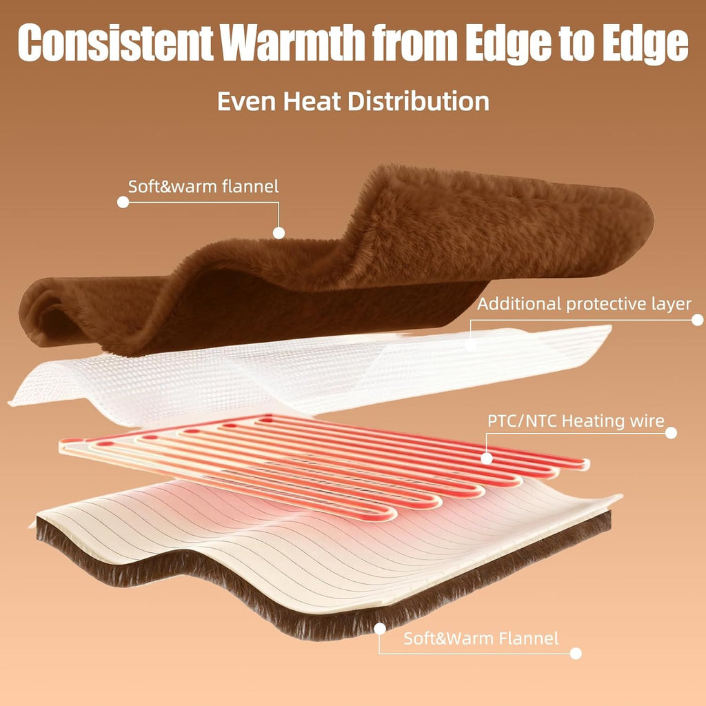 Electric Blanket 50" x 60" Soft Ribbed Faux Fur Flannel Quick Heat 12 Heat Levels 1-12 Hour Timer & Overheat Protection & Auto Shut Off & ETL FCC (Brown, Throw 50" x 60")