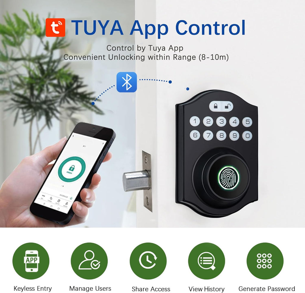 Smart Fingerprint Door Lock, Keyless Entry Deadbolt with Electronic Keypad, Bluetooth App Control, One Time Code, IP65 Weatherproof, for Front Door/Home/Office (Matte Black)