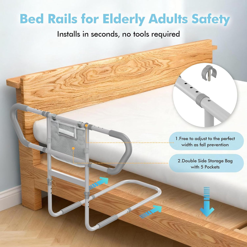 Bed Rail for Elderly Adults Safety – Bed Rails for Seniors Safety, Adjustable Bedside Assist Rail with Storage Pocket, Non-Slip Handle, Motion Sensor Night Light, Heavy-Duty 400LB Support