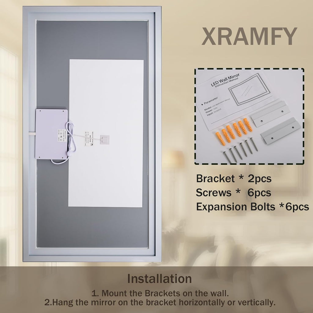 48'' x 32'' LED Bathroom Mirror with Lights, Wall Mirror with Front and Backlight, 3 Colors Vanity Mirror with Lights, Anti-Fog Wall Mirror for Bathroom