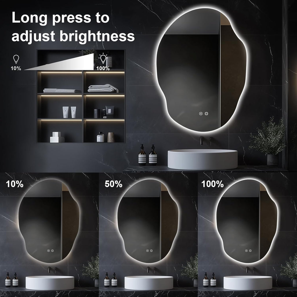 Asymmetrical LED Bathroom Mirror with Lights,Irregular Led Bathroom Vanity Mirror for Wall with Backlit, Anti Fog, 3 Colors and Dimmable Light,[Horizontal/Vertical] 40" H x 30" W