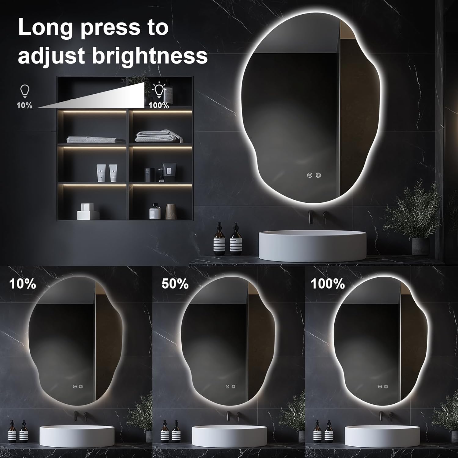 Asymmetrical LED Bathroom Mirror with Lights,Irregular Led Bathroom Vanity Mirror for Wall with Backlit, Anti Fog, 3 Colors and Dimmable Light,[Horizontal/Vertical] 40" H x 30" W