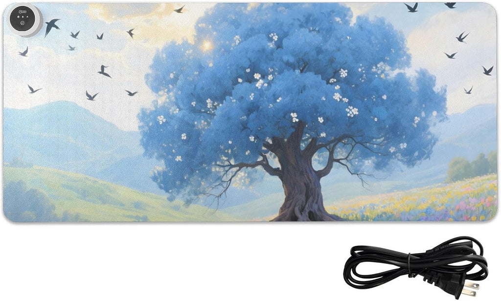 Large Heated Mouse Pad,Leather Desk Mat,31.5"x13",Hand Warmer Pads for Desk,Scenery Tree Flower(Blue)