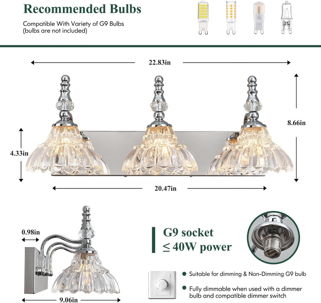 Vintage Bathroom Vanity Light, 3-Light Chrome Vanity Lighting Fixture with Flower Glass Shade, Bathroom Lighting Fixtures Over Mirror