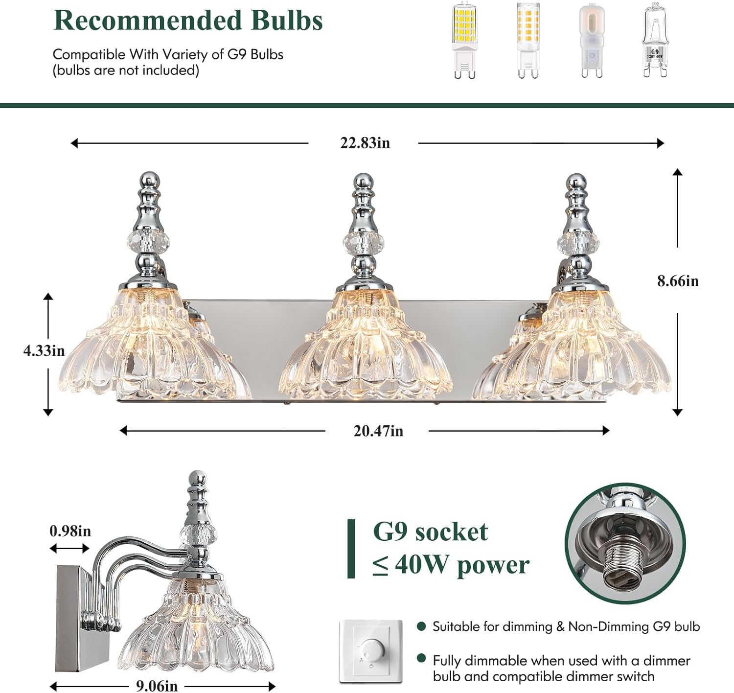 Vintage Bathroom Vanity Light, 3-Light Chrome Vanity Lighting Fixture with Flower Glass Shade, Bathroom Lighting Fixtures Over Mirror