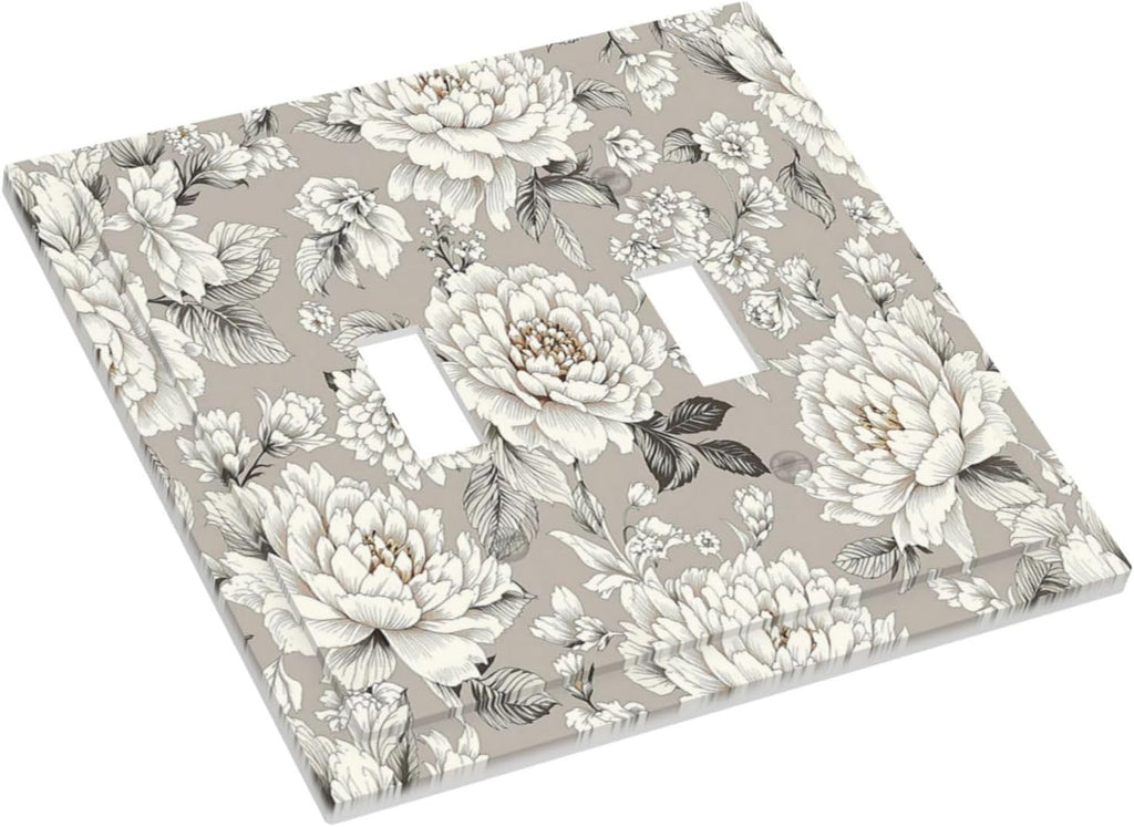 White Poppies Floral Modern Grey Peonies Flowers Decorative Switch Plates 2 Gang Double Toggle Outlet Light Switch Cover Wall Plate Electrical Faceplate for Bedroom Bathroom Decor