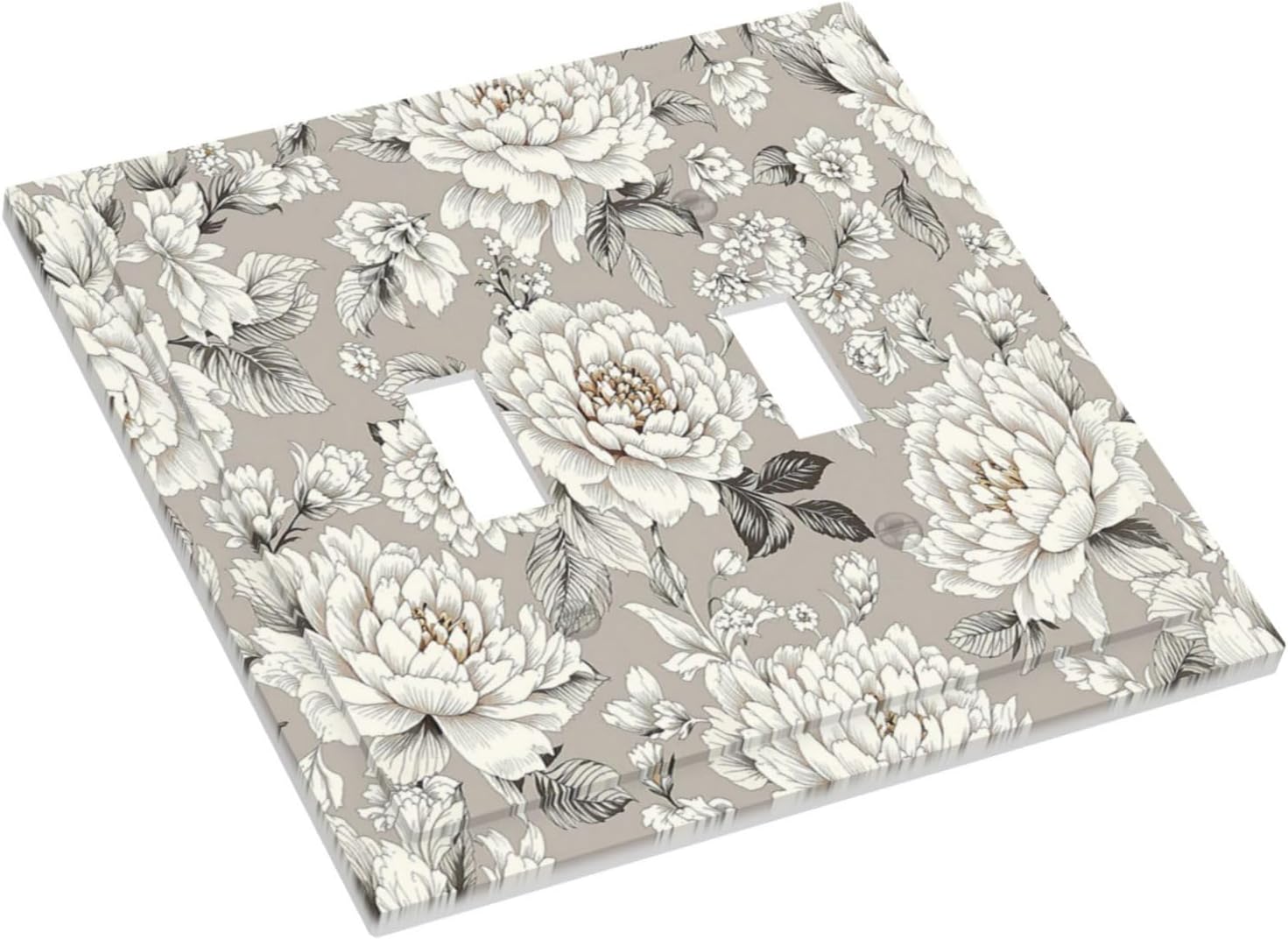 White Poppies Floral Modern Grey Peonies Flowers Decorative Switch Plates 2 Gang Double Toggle Outlet Light Switch Cover Wall Plate Electrical Faceplate for Bedroom Bathroom Decor