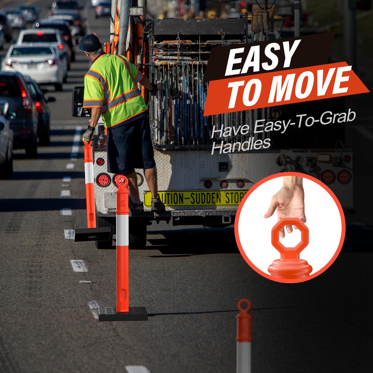 RoadHero 45 Inch Delineator Post with Base, Portable Orange Traffic Delineator Posts Cones with Reflective Collars for Parking Lots, Road Safety, Construction Events 3 Pack
