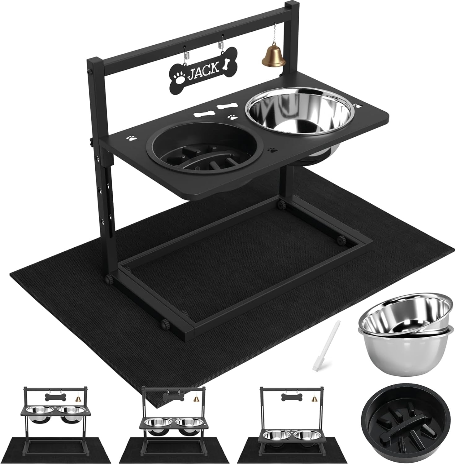 Elevated Dog Bowls with Slow Feeder and Spill Proof Mat, Adjustable Height 4.3-11.8'', Two 1.7L Stainless Steel Food & Water Bowls, Metal Raised Dog Bowl Stand, for Large Medium Breeds