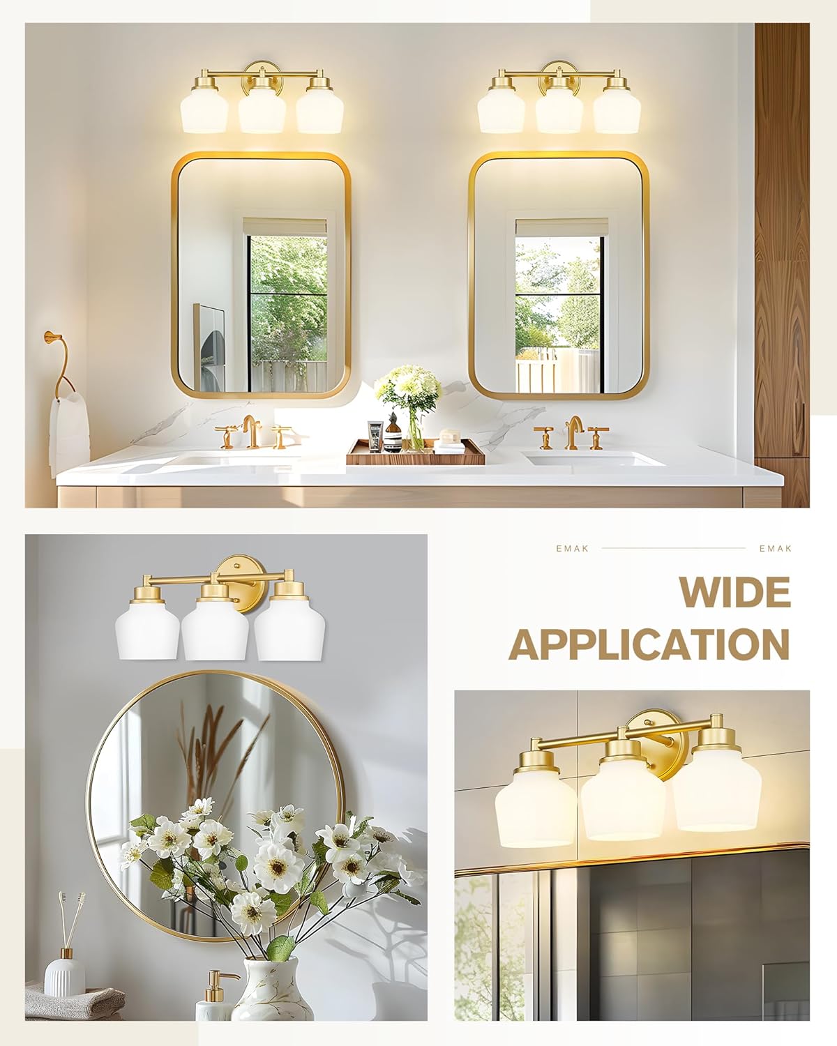 Emak Gold Vanity Light with Milk Glass Shade, Modern Bathroom Light Fixtures Over Mirror, 3-Light Bathroom Vanity Lights for Mirror, Bath, VL122-GD-ML-3