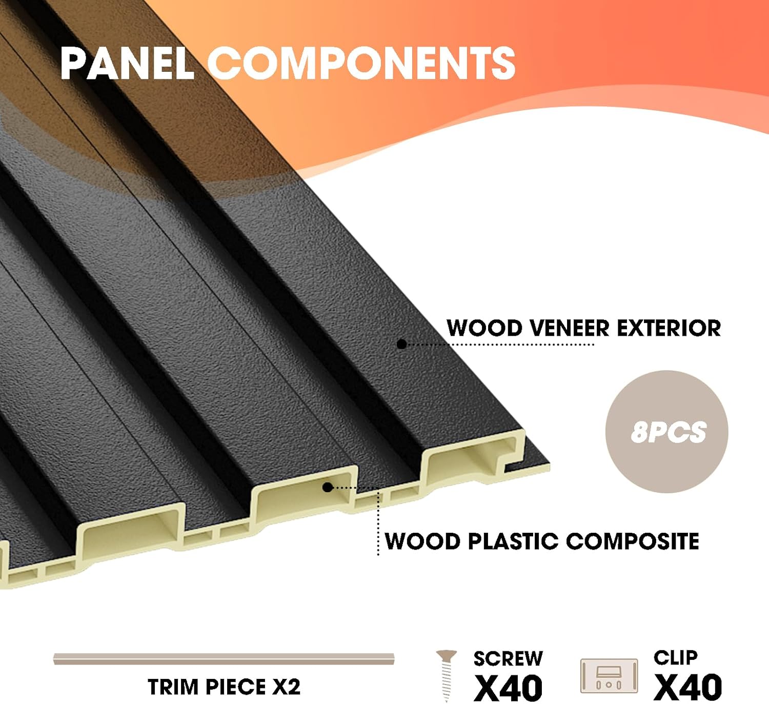 OUZUGIE WPC Acoustic Slat Wall Paneling, 8-Pack 96 x 6 Inches 3D Wall Panels for Interior Wall Decor,Living Room,TV Background,Study Room,Office Spaces,Bedroom,Low Grille (Black)