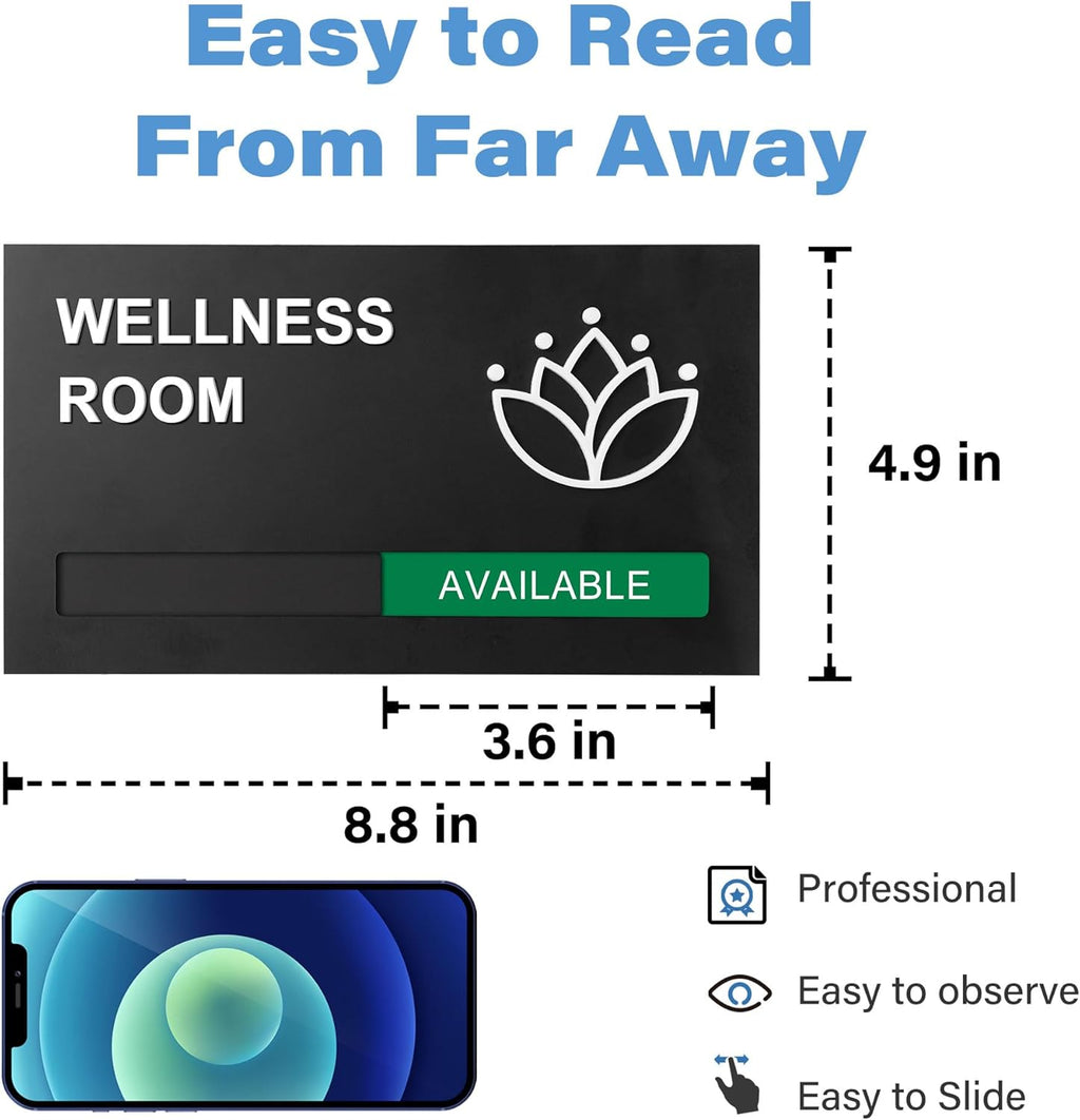 Wellness Room Office Sign, Do Not Disturb Privacy Slide Door Sign, In Use And Available Slider Indicator, Matte Black 8.8"x 4.9"