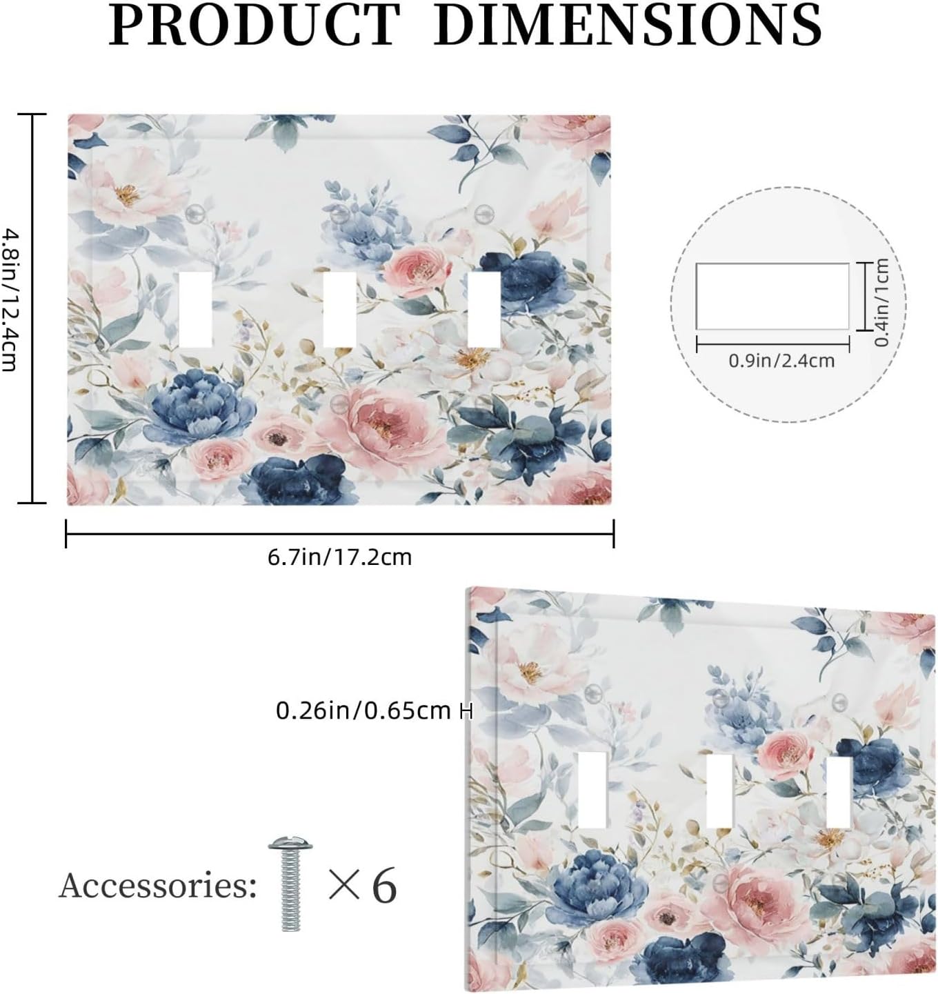 Light Switch Covers Elegant Watercolor Pink Blue Flowers Floral 3 Gang Wall Plates Triple Toggle Outlet Cover Decorative Switchplates Electrical Panel Cover for Kitchen Living Room 4.8 X 6.7 IN