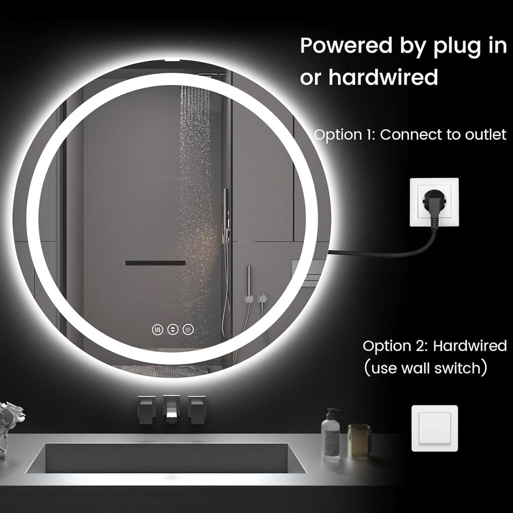Round LED Bathroom Mirror with Lights, Backlit & Front Lighted, Wall-Mounted Vanity Mirror 3000K/4000K/6000K, Memory Functions, Anti-Fog, Dimmable Smart Mirror (Round 30" x 30")