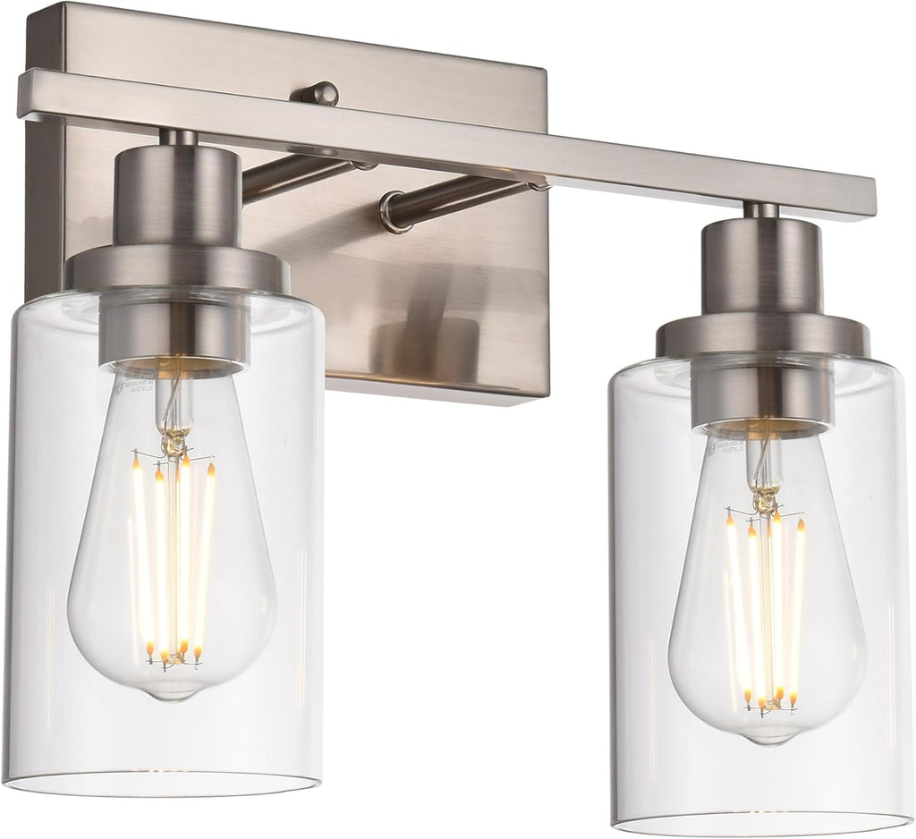 MELUCEE Metal Wall Lights with Clear Glass Shade 2 Heads Bathroom Light Fixtures Brushed Nickel Modern Vanity Lights Sconces for Hallway Bedroom Kitchen (Patent No.: US D963914 S)