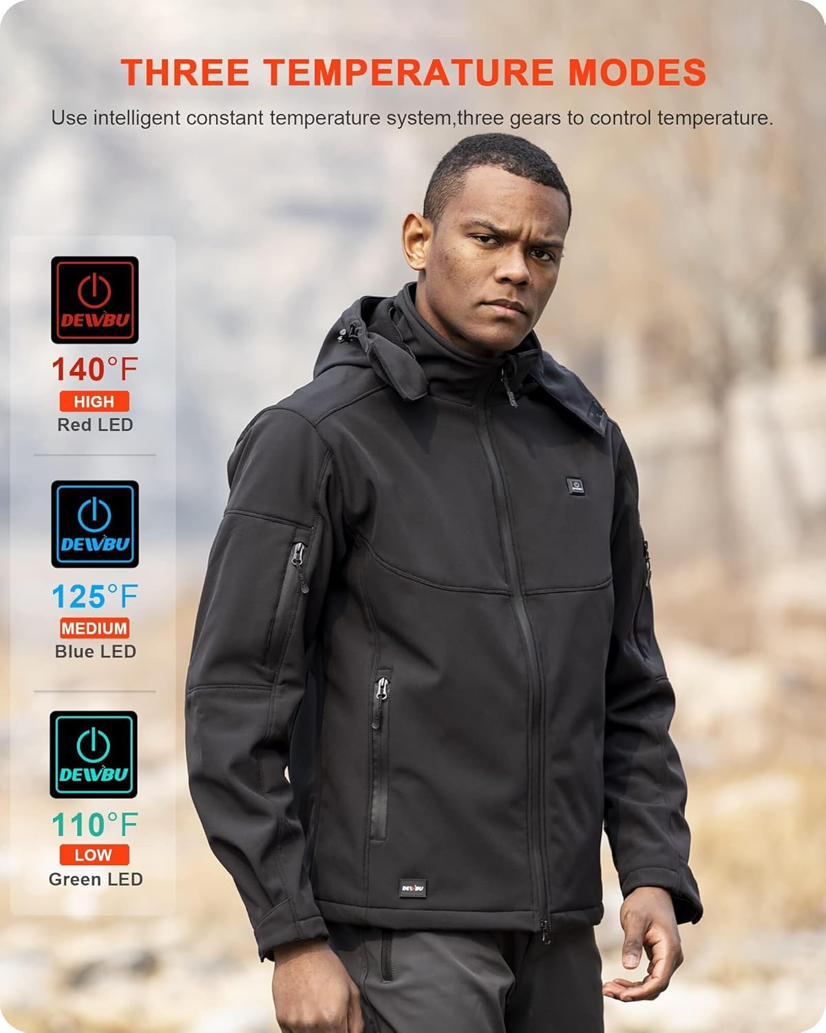DEWBU Soft Shell Heated Jacket for Men with 12V Battery Pack and Detachable Hood Outdoor Electric Heating Coat