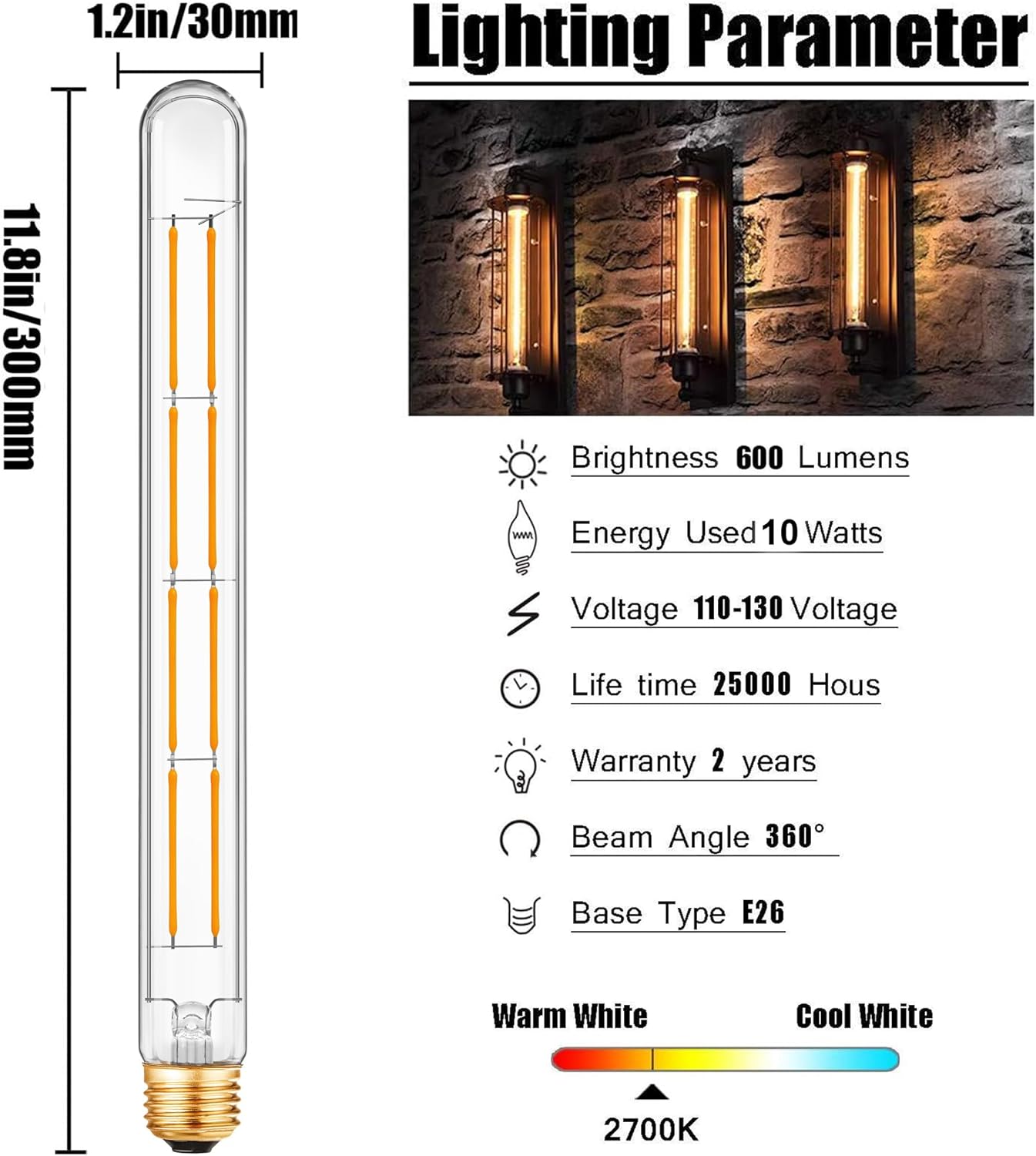 XININSUN T300 Led Bulb, 11.8 Inch Long Tubular Led Light Bulbs, 100Watt Equivalent, 1000lm, Dimmable, Clear Glass, E26 10W T10 LED Edison Tube Lamp Bulb,4 Pack. (10W=100W 2700K)