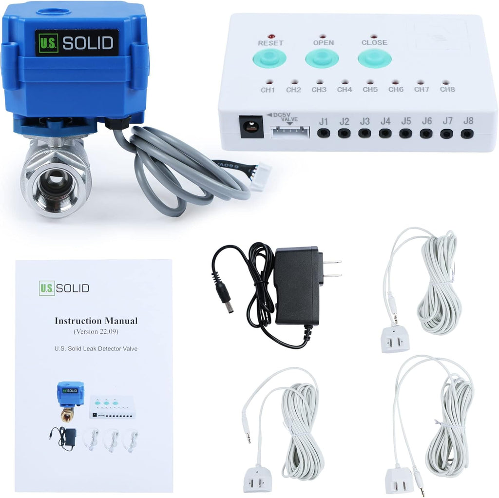 U.S. Solid Water Leak Detector - Water Alarm Leak Detect System with 1/2 Automatic Shut-Off Stainless Steel Motorized Ball Valve, Controller and 3 Sensors and Sound Alarm