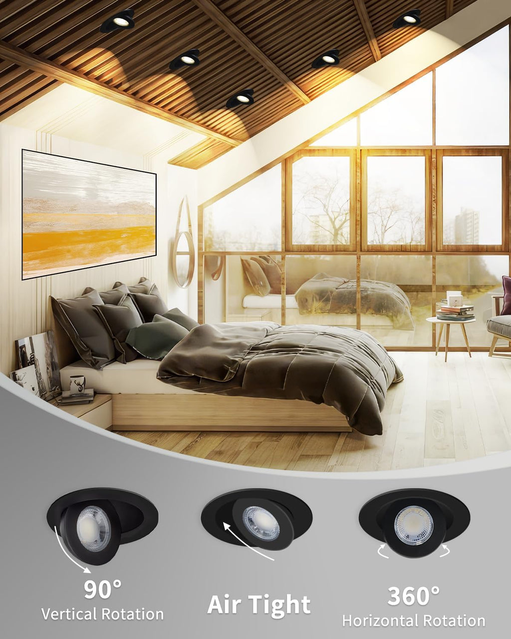 Adetu 4 inch 5CCT Gimbal Black Led Recessed Lights, 360°+90° Adjustable Directional Recessed Lighting, 2700K/3000K/3500K/4000K/5000K Dimmable Retrofit Eyeball Can Lights with Jbox, ETL（Black, 6 Pack）