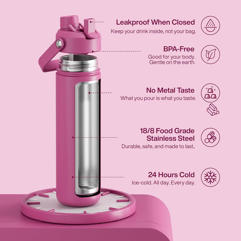 ENCOOL Insulated Water Bottle with Straw Stainless Steel Water Bottle, Leak-Proof, BPA-Free, Double Wall Vacuum Keeps Cold for 24 Hours for Sports, Travel, School (26 oz, Turkish Rose)