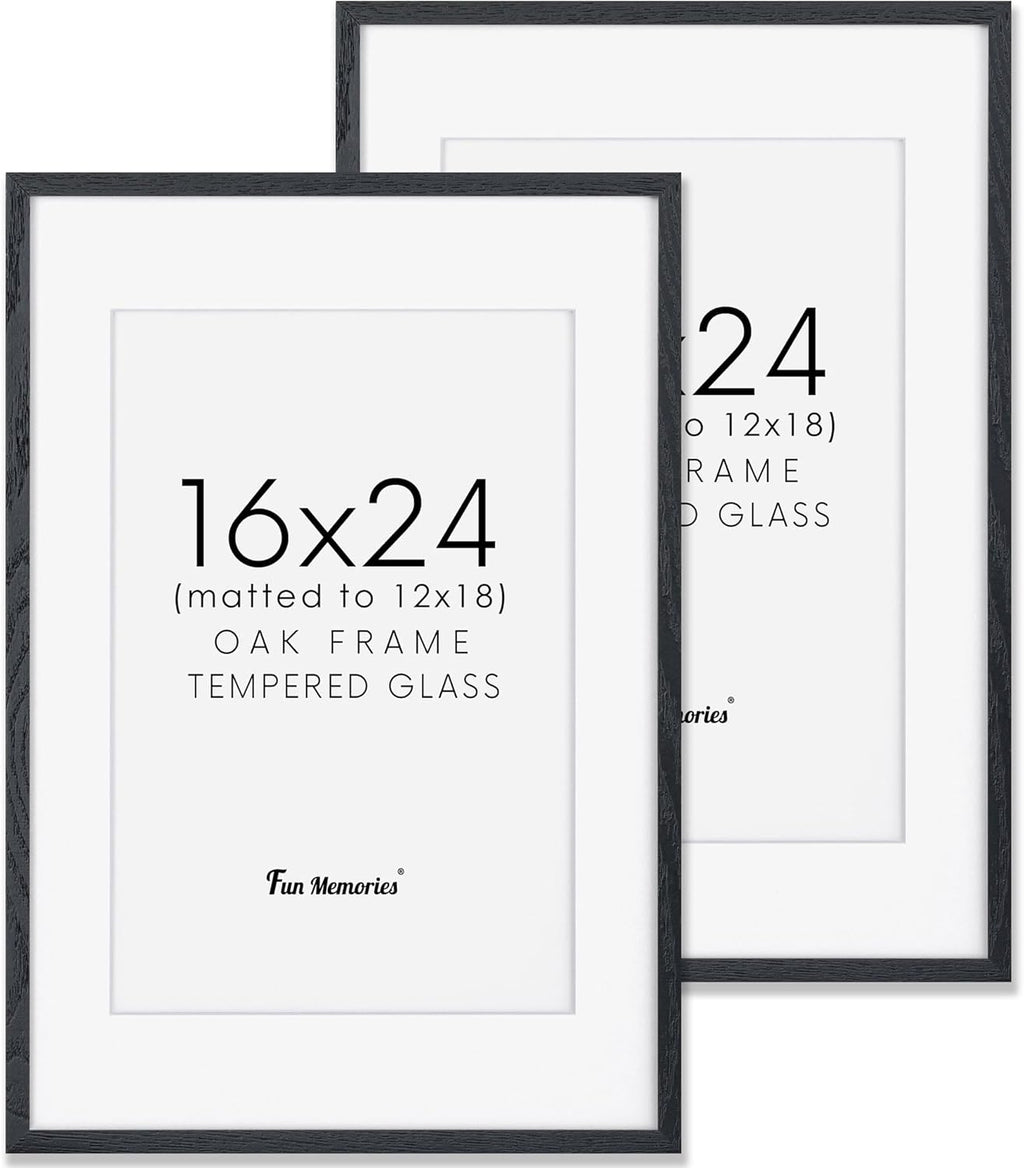 Fun Memories Black 16x24 Picture Frame, Oak Wood 16 x 24 Poster Frames Set of 2, Rustic 16 by 24 Frame for Wall, 16x24 Frame with Mat for 12x18, Tempered Real Glass