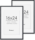 Fun Memories Black 16x24 Picture Frame, Oak Wood 16 x 24 Poster Frames Set of 2, Rustic 16 by 24 Frame for Wall, 16x24 Frame with Mat for 12x18, Tempered Real Glass