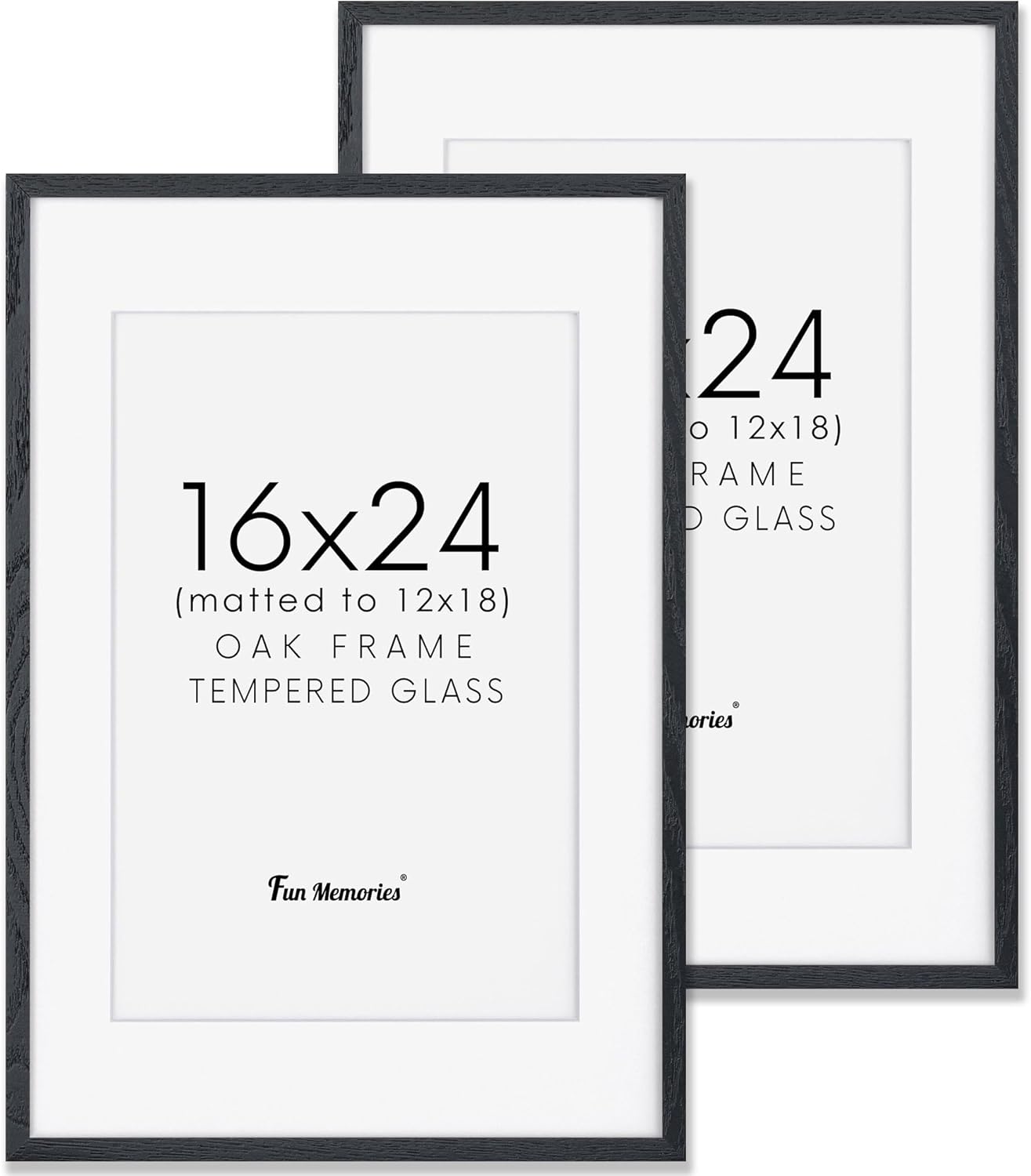 Fun Memories Black 16x24 Picture Frame, Oak Wood 16 x 24 Poster Frames Set of 2, Rustic 16 by 24 Frame for Wall, 16x24 Frame with Mat for 12x18, Tempered Real Glass
