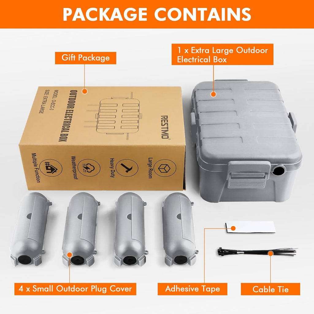 RESTMO 5-Piece Outdoor Waterproof Electrical Box Set – 12.5" x 8.5" x 5" Large & 7.1" x 2.3" x 2.3" Small, Weatherproof Boxes for Power Strip, Outlet, Plug, Socket, Timer, Holiday Light, Light Gray