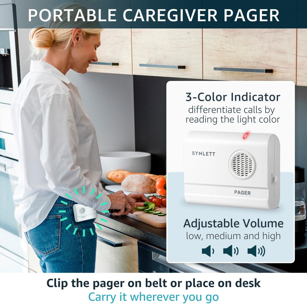 Bed Alarm Caregiver Pager with 2 Wireless Motion Sensors Alarm Indoor Fall Prevention for Elderly Monitoring Seniors Dementia Patients Seniors Home Door Chime