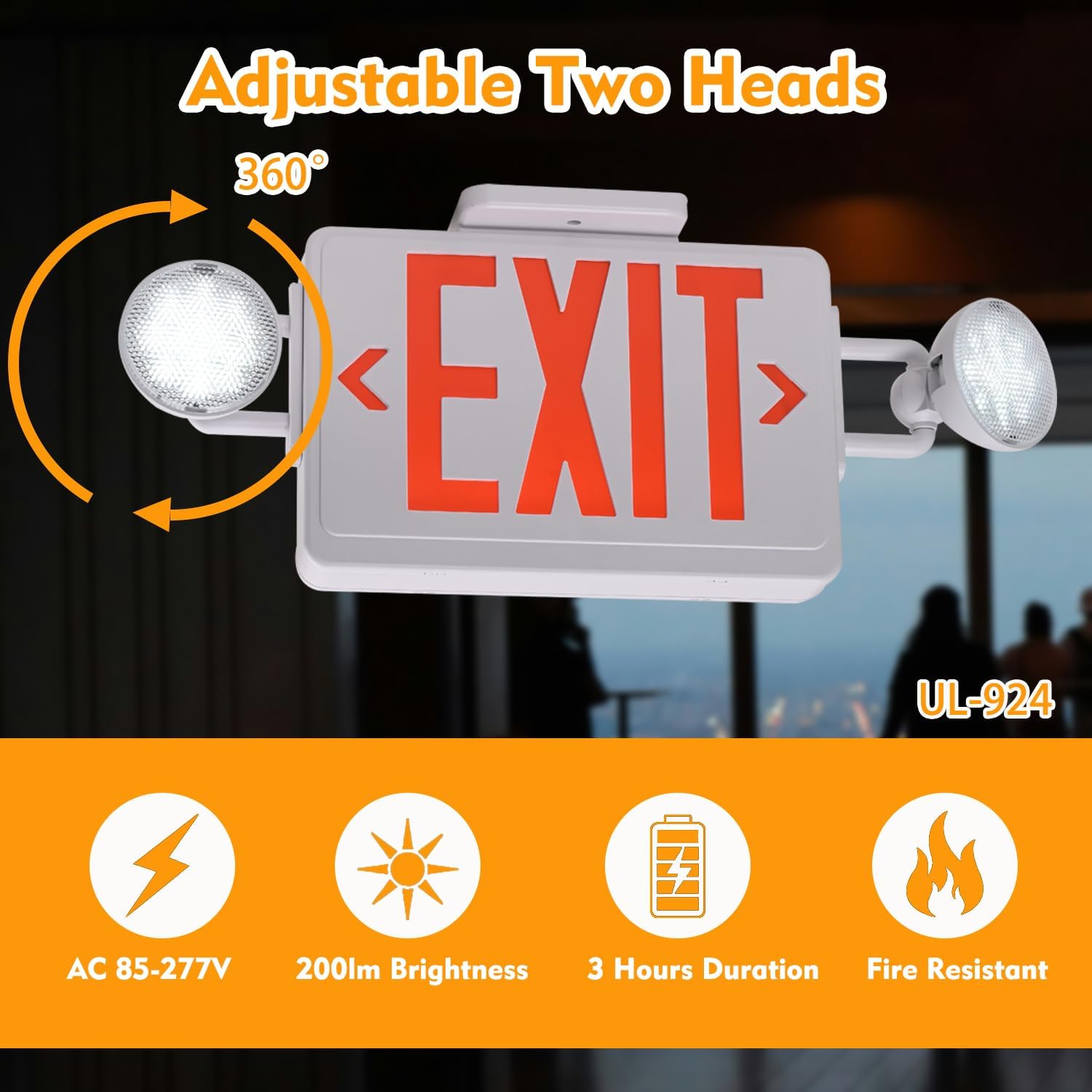 Emergency Exit Sign with Lights Battery backup, 200lm 3Hours Plug in Red Exit Signs with Emergency Lights for Business, Battery Operated,UL 924 AC85-277V