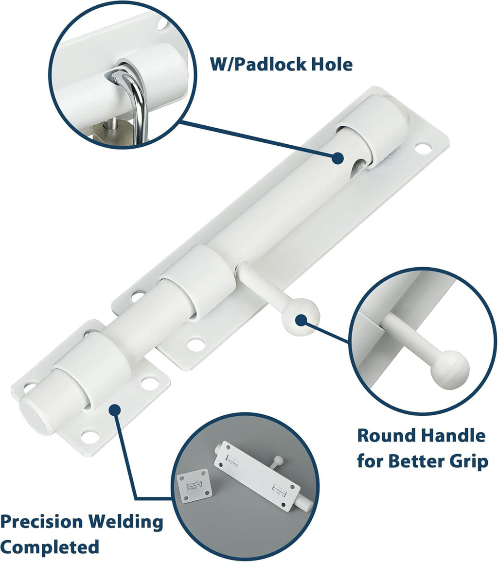 Alise 6 inch Barrel Bolt Latch,Slide Bolt Latch,Heavy Duty Solid SUS304 Stainless Steel Slide Lock for Wooden Fence,Barn Door,Interior or Outdoor Door White MS8000-W