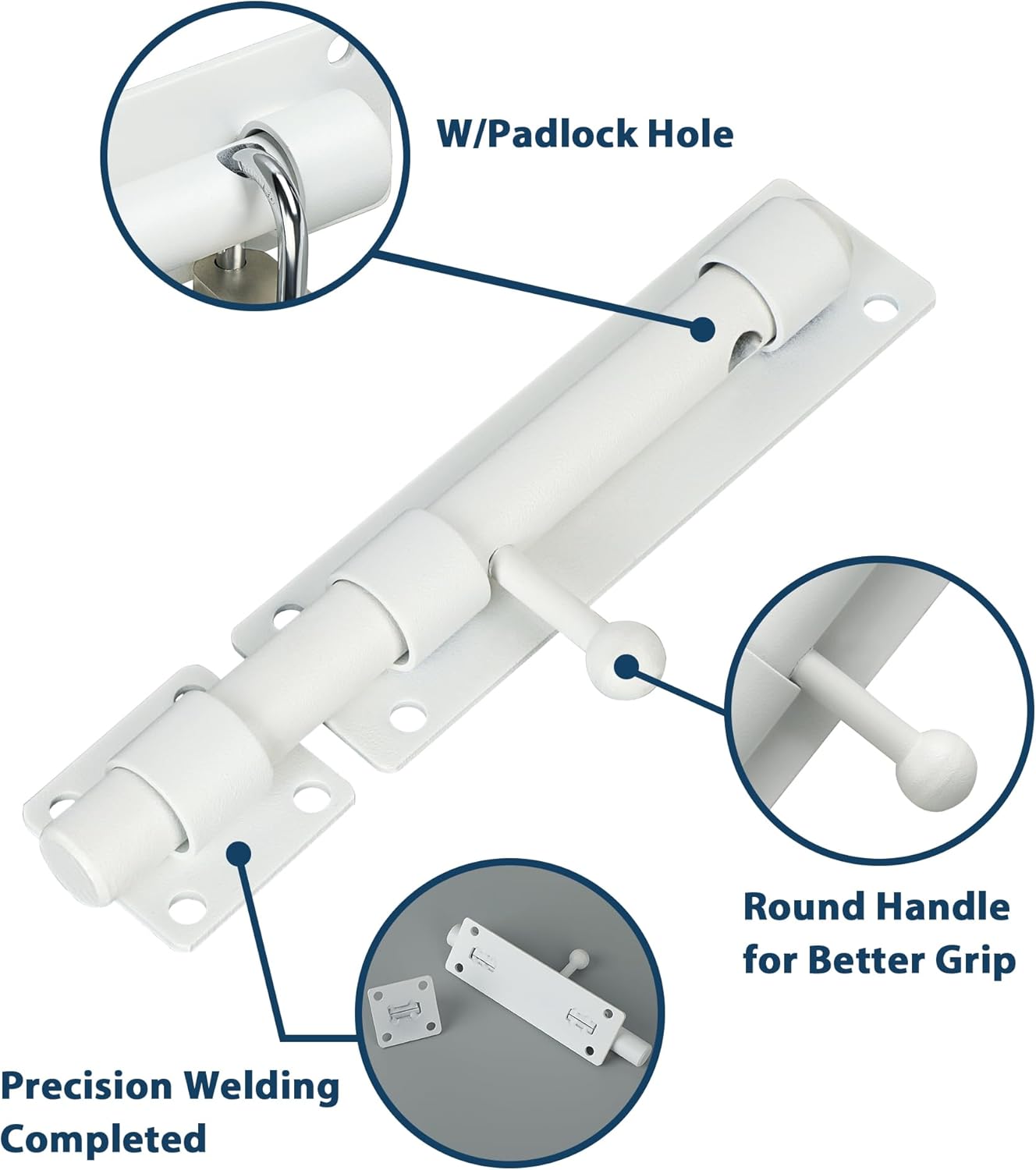 Alise 6 inch Barrel Bolt Latch,Slide Bolt Latch,Heavy Duty Solid SUS304 Stainless Steel Slide Lock for Wooden Fence,Barn Door,Interior or Outdoor Door White MS8000-W