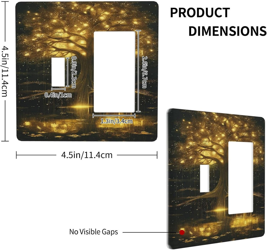 Decorative Outlet Covers Golden Shining Fantasy Kabbalah Tree of Life 2 Gang Wall Plate Single Toggle 1 Rocker Light Switch Cover Switch Plate Covers Faceplate for Bedroom Home Decor