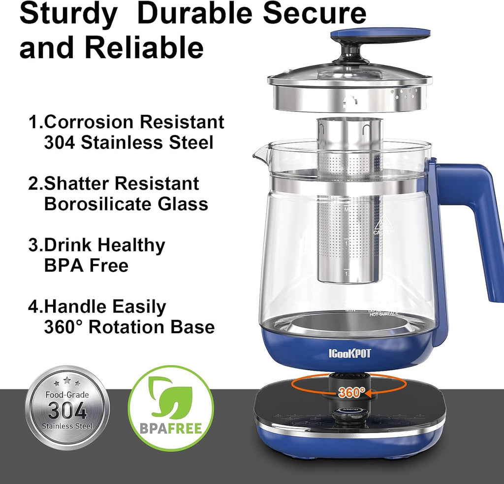 Electric Kettle, 1.5L Borosilicate Glass Hot Water Kettle Electric & Tea Kettle for Coffee or Tea, BPA Free, Auto Shut-Off, Stainless Steel, Blue, 1200w