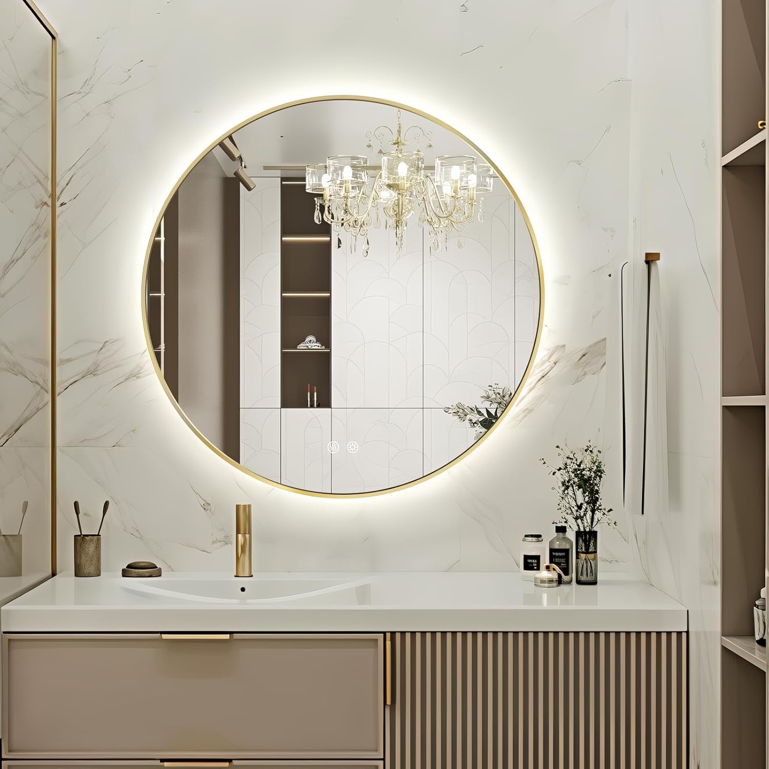 Niccy Round Led Mirror for Bathroom, 32" Backlit Mirrors for Wall Circle Lighted Mirror with Old Gold Frame Anti-Fog, 3 Colors, HD Glass and IP65 Waterproof