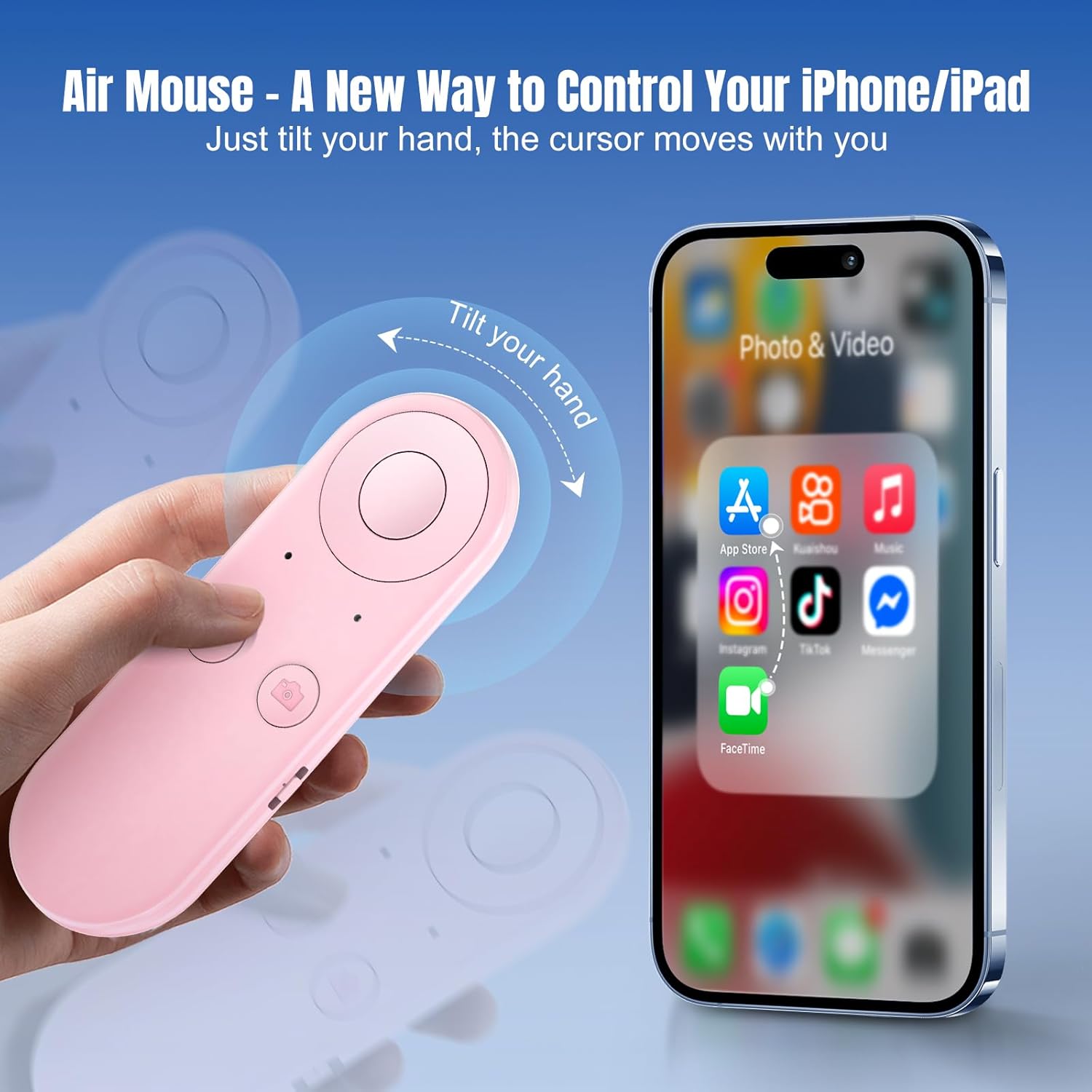 Phone Remote Controller - Bluetooth Remote for iPhone with Air Mouse Control, TikTok Scrolling Ring, Bluetooth Page Turner, Camera & Music Remote, YouTube & Instagram, iOS&Android, Pink